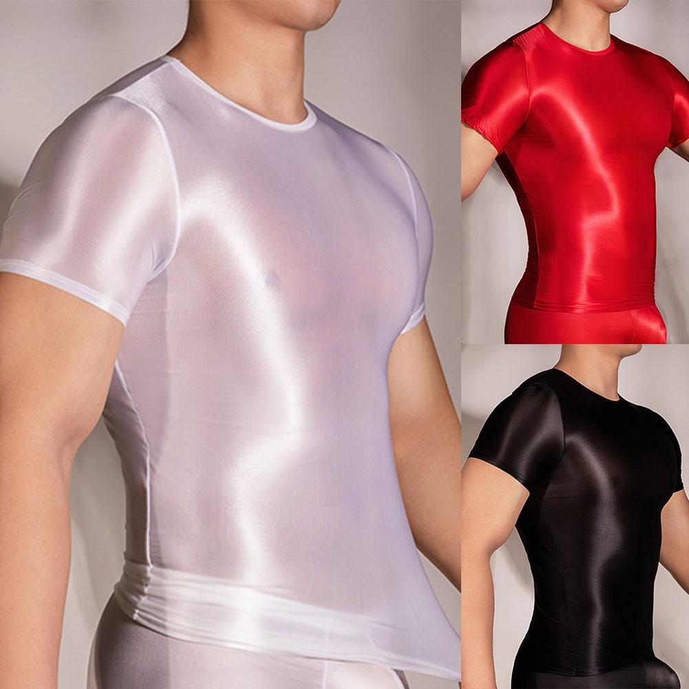 Удобная мужская футболка из нейлона, прозрачная, сексуальная, блестящая