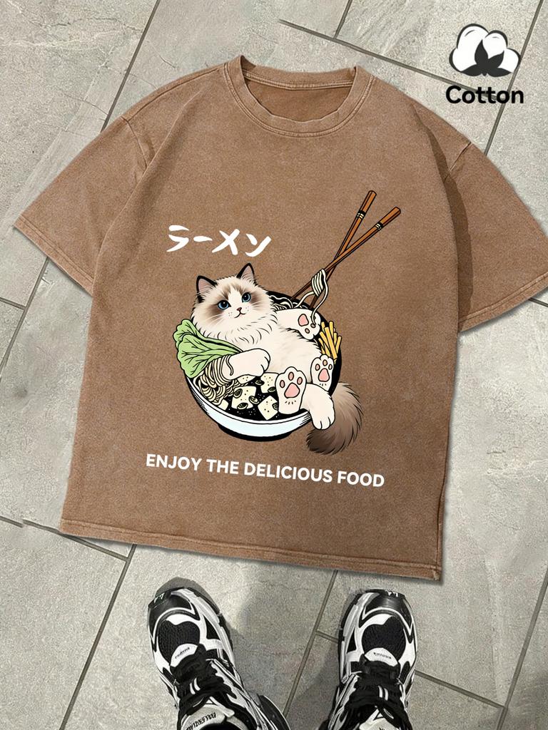 Cat Lying Down After Eating Too Much Print Washed TShirt Mans Summer Tee Cotton Comfortable Top Unisex Multicolor Soft Clothing