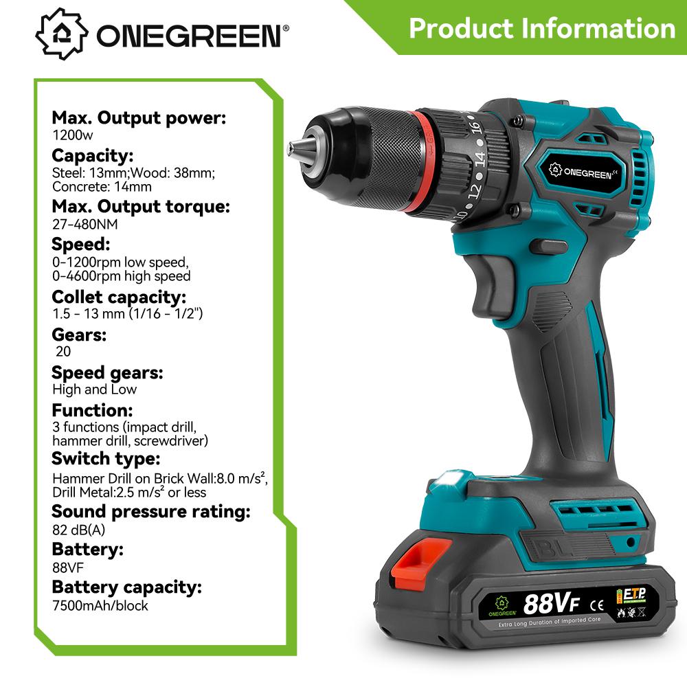 ONEGREEN 1200 Вт 480 Н.М крутящий момент бесщеточная электрическая ударная дрель 20 передач аккумуляторная отвертка электроинструменты для Makita 18 В аккумулятор