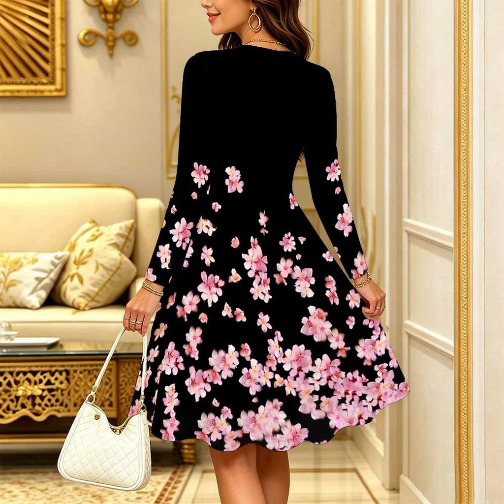 Women Long Sleeve Round Neck Midi Dress Boho Abstract Mandala Dot Floral Print Flared Casual Dress