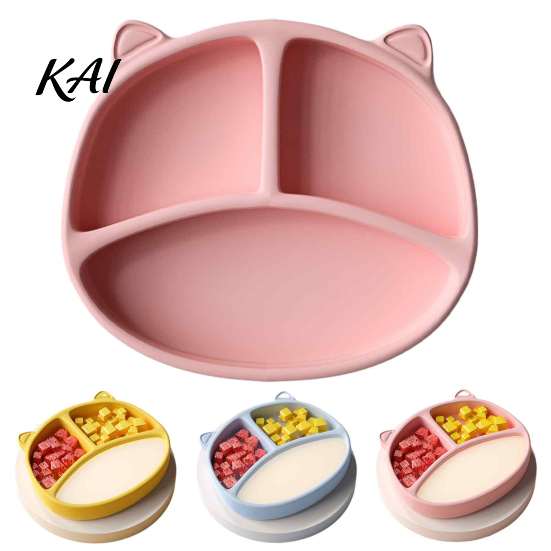 Silicone Suction Plate for Toddlers, Cute Bear Shape Unbreakable Divided Toddler Tray Baby Bowl, Non Slip Feeding Infants And Kids Easy Clean Dish