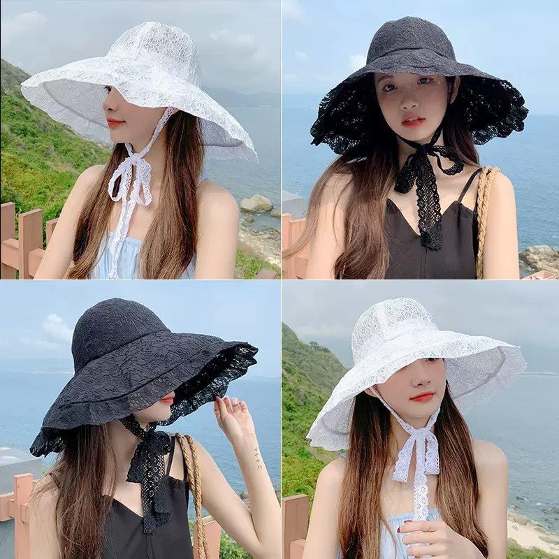 Women Big Eaves Lace Bucket Hat Summer Hollow Thin Sun Hat Strap Foldable Sun Hat