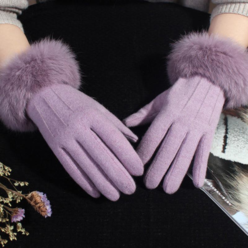 Rabbit Fur Gloves Female Winter Velvet Thicken Warm Mittens Cashmere Full Finger Embroidery Wool Touch Screen Driving Gloves H65