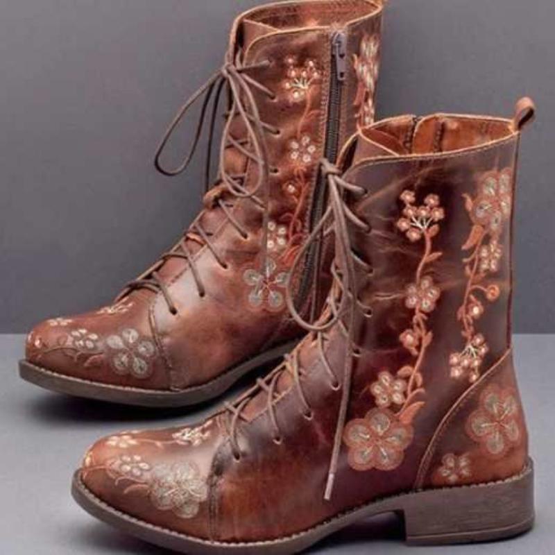 Woman Ankle Boots Embroidery Big Size 43 Flower Boots Autumn Winter Lace Up PU Leather Female Footwear Ladies Shoes