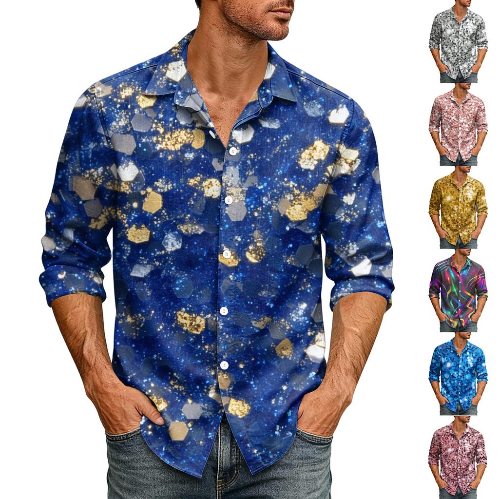 Мужской диско-костюм 70-х с пайетками Блестящая рубашка для праздничной новогодней ночи Гавайская рубашка на пуговицах Мужская рубашка Не требующая глажки Винтажная блестящая рубашка