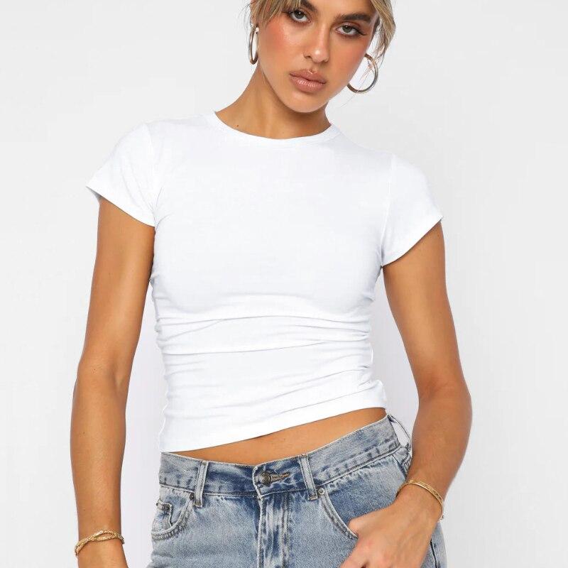 Y2K Топ, белая повседневная рубашка, сексуальная футболка с круглым вырезом и коротким рукавом, модные футболки, универсальная одежда, пуловеры, футболки 25939