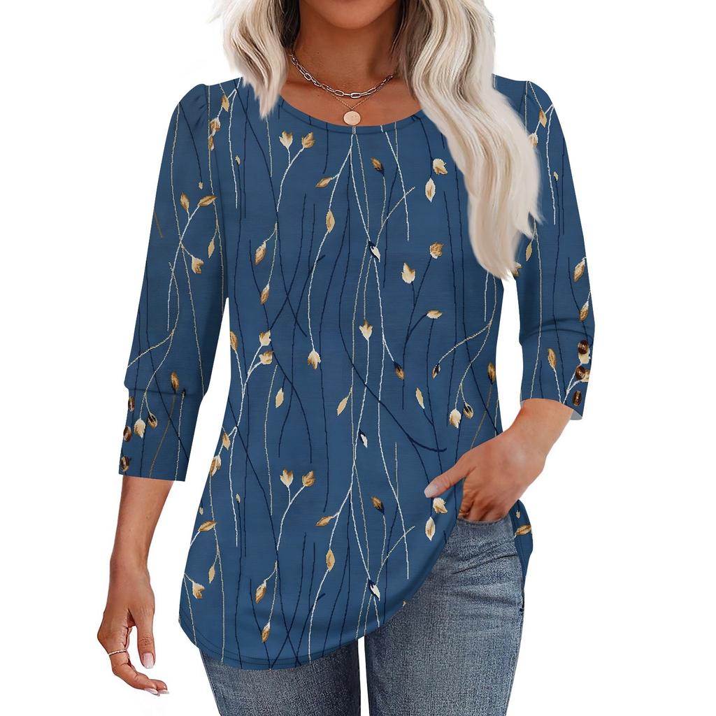 Женская мода Повседневная Винтажная Футболка Топ с круглым вырезом и рукавом в семь сложений с цветочным принтом