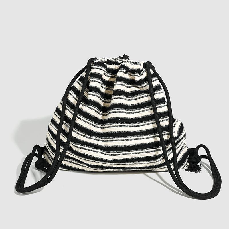 Striped Commuter Drawstring Single Shoulder All-in-one Fashion Women's Knitted Black and White Striped Backpack Women