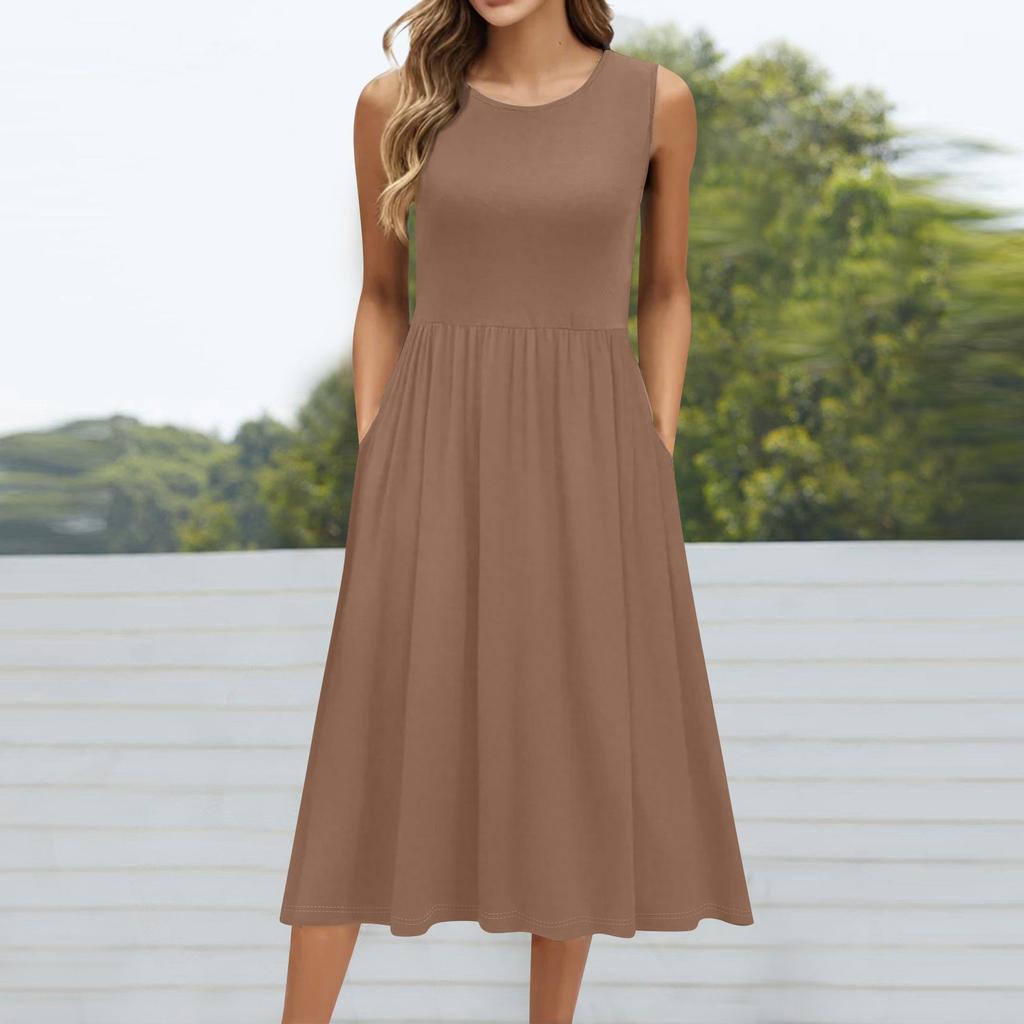 Женское модное однотонное платье без рукавов с круглым вырезом и карманом средней длины