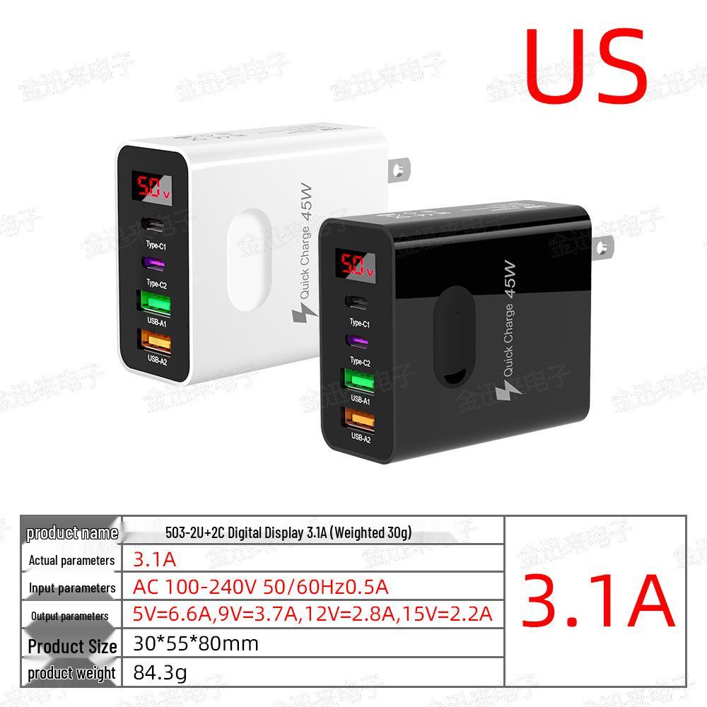 Многопортовое USB-зарядное устройство 45 Вт с цифровым дисплеем - 3,1 А, штекер EU/US/UK