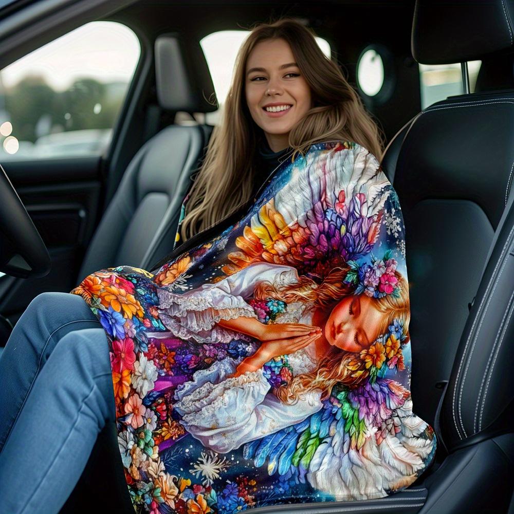 Angel Prayer Rainbow Wings Flower Fleece Blanket Spiritual Art Soft Throw Blanket Religious Decor Gift for Faithful and Artists
