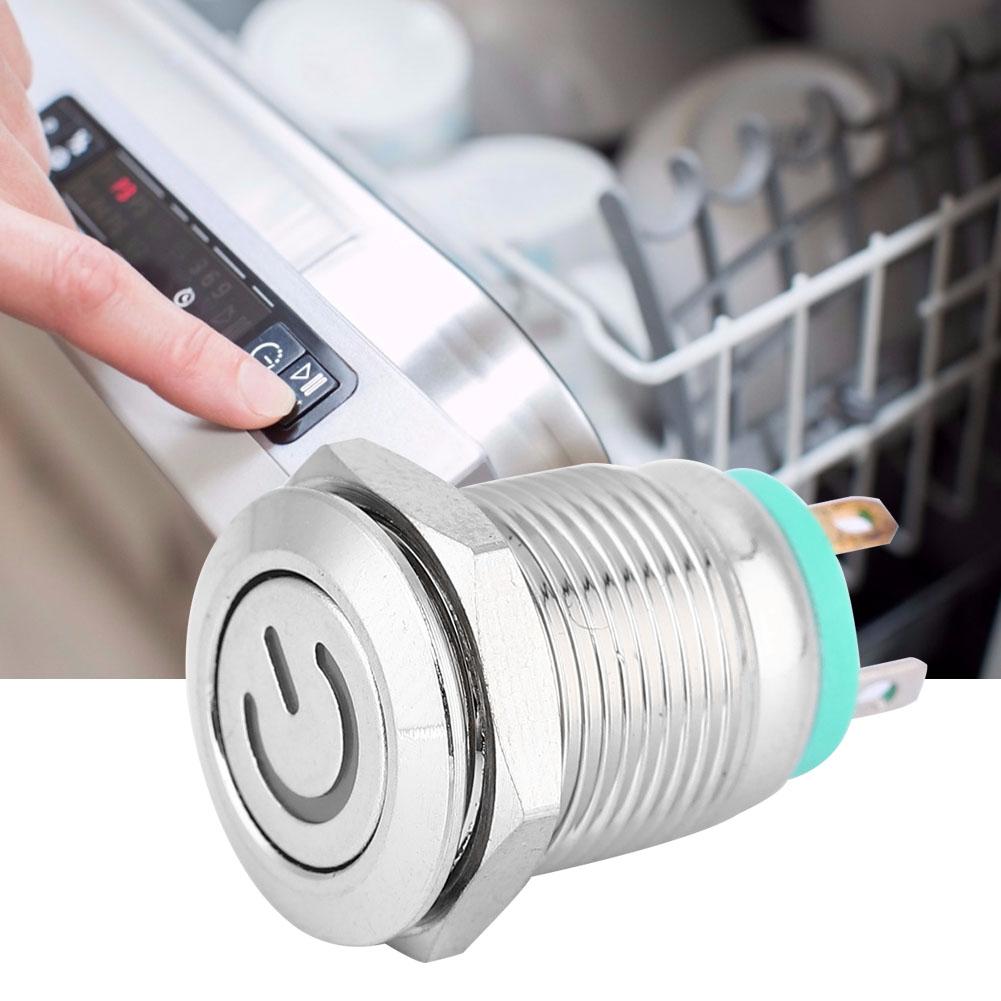 Зеленый светодиодный индикатор, плоская головка, самовозвратная металлическая кнопка, символ питания, 12 мм(3V)