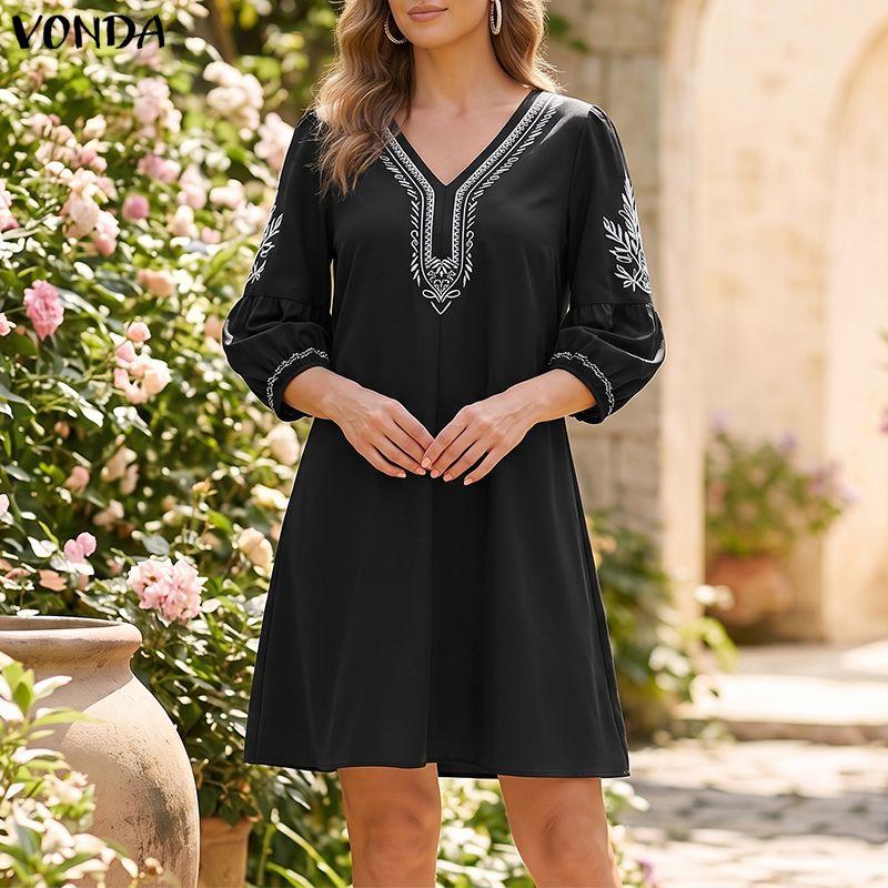 VONDA S-5XL Летнее женское платье с V-образным вырезом, 3/4 рукавом, принтом, элегантное, повседневное, свободное
