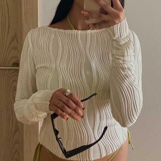 Сплошной цвет женской блузки с круглым вырезом и длинными рукавами, сексуальный обнаженный пупок с рюшами