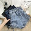 Skinny Fashionable and Versatile Tied Draw Fold Denim Shorts Female Design Sense Summer High Waist Elastic Slim Straight A-line Wide Leg Pants