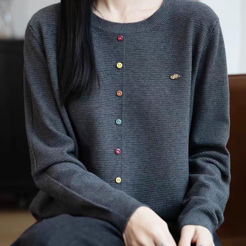 ZOSOUL Minimalist Ribbed Knit Sweater with Gold Buttons