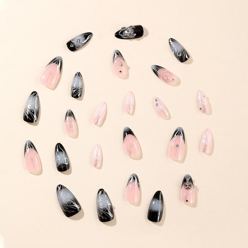Silver Irregular Stripe Almond-Shaped Spider Bow False Nail Art Patches