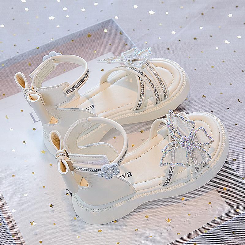 Children's Roman Sandals Summer New Rhinestone Butterfly Girls' Princess Shoes Soft Soled Non Slip Kid's Casual Beach Shoes