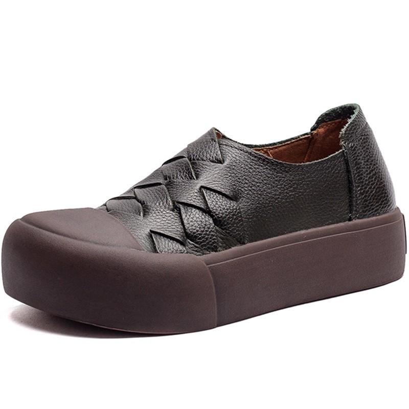 GKTINOO Весна Осень Ручная работа Натуральная кожа Ретро Женские Туфли на плоской подошве Мягкая подошва Плетеный дизайн Повседневная обувь