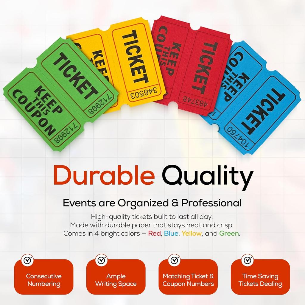 PM Company 1000 Pairs (2000 pcs) Raffle Tickets, 50/50 Double Raffle Tickets (Blue/Red/Green/Yellow) 250 Pairs Per Color, for Events, Carnivals,