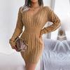 Women Autumn Winter High Waist Twist Wrap V Neck Long Sleeve Solid Color Hip Sweater Dress S-L