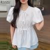 Womens Casual Lace Up Round Neck See-Through Summer Short Sleeve Blouse