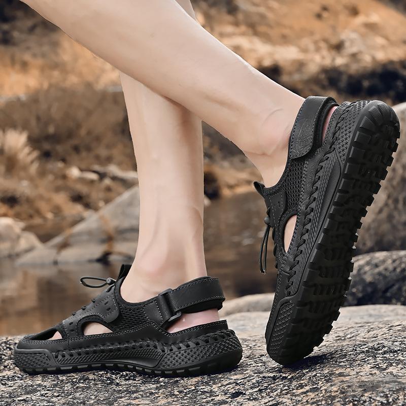 Летние сандалии мужские приливные кожаные с закрытым носком для активного отдыха и спорта, полые сандалии, пляжная обувь, ручная работа, сетчатая мужская обувь