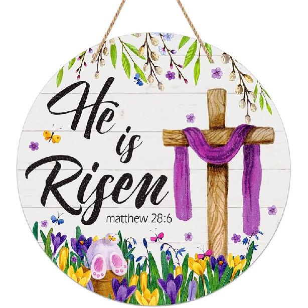 FaCraft He is Risen Decor Sign - Easter Wreath for Front Door, Religious Cross Door Decoration, Farmhouse Floral Hanger for Home, Porch, Wall, Spring