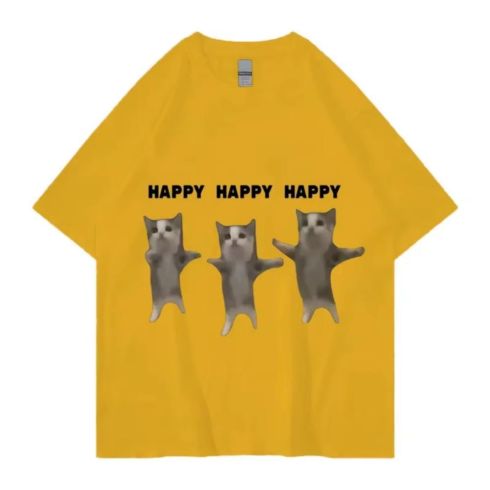 Funny Cute Cat Meme Graphic TShirt Happy Dance Cat Print Short Sleeve T-shirt Men Women Casual Fashion Cotton Oversized T Shitrs