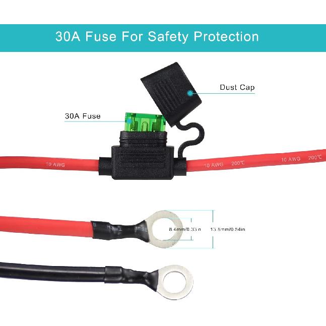 [5 Pack] 2FT SAE To O Ring Terminal Harness 10AWG - Eyelet O-Ring Terminal 10Gauge Harness With 30A Fuse,Battery Trickle Charger Cable For