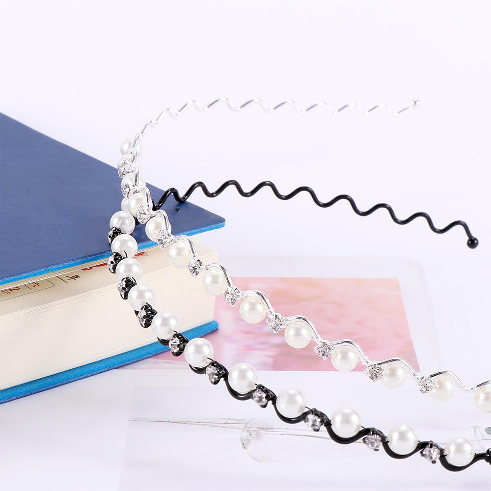 Jewelry Hair Band Head Chain Metal Pearl Crystal Wave Hairband for Women Headwear Black Silver