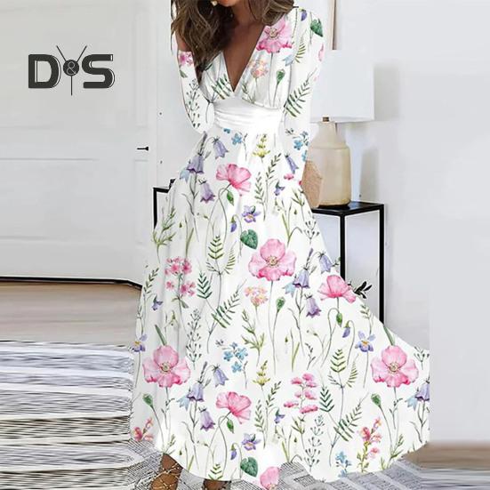 Women Elegant Floral Print Maxi Dress V Neck Long Sleeve High Waist Gown Dress A Line Long Dress Streetwear