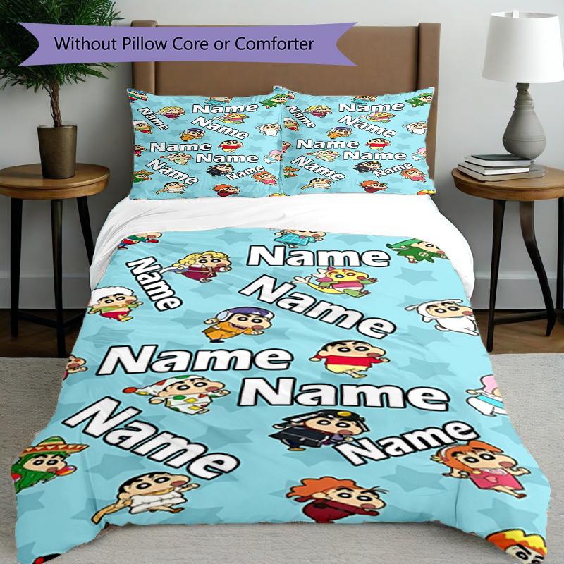 3pcs Duvet Cover Set (1*Duvet Cover + 2*Pillowcase, Without Core), Custom Name Cartoon comics Pattern Bedding Set, Home Bedroom Decor Gift