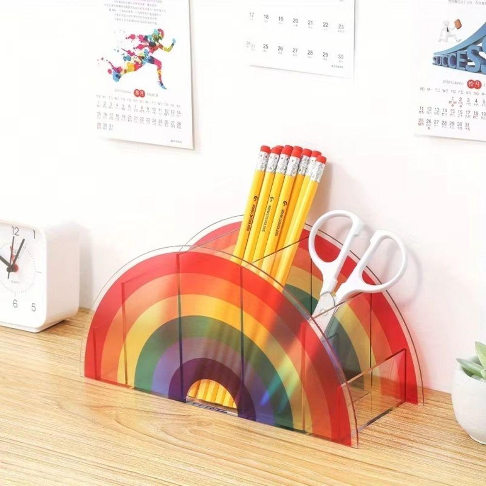 with 5 Grids Office Storage Box Acrylic Makeup Brush Storage Rack Rainbow Pen Holder  Makeup Tool