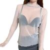 Women Tops Lace Garmented Half-High Neck Long Sleeve T-shirt Solid Color See-through Mesh Yarn Bottoming Tops