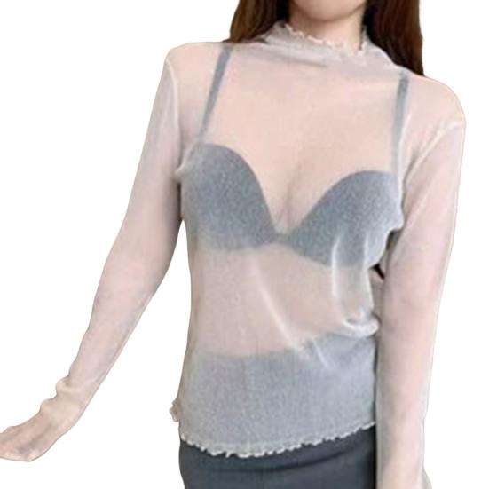 Women Tops Lace Garmented Half-High Neck Long Sleeve T-shirt Solid Color See-through Mesh Yarn Bottoming Tops