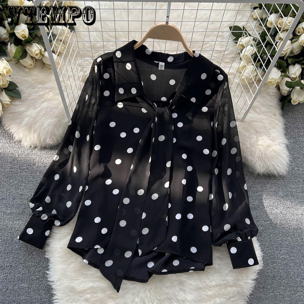 Шифоновая рубашка, женская летняя одежда, милый горошек, рукава-фонарики, универсальная базовая рубашка, топ для женщин