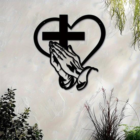 Praying Hands Wall Sign Christian Heart Metal Wall Art Sign Black Finish Religious Decorative