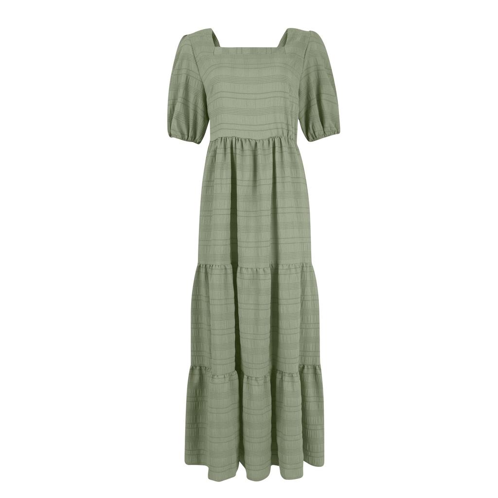 Women's Fashionable Solid Color Bubble Sleeve Square Neck Back Pleated Short Sleeved Pocket Dress