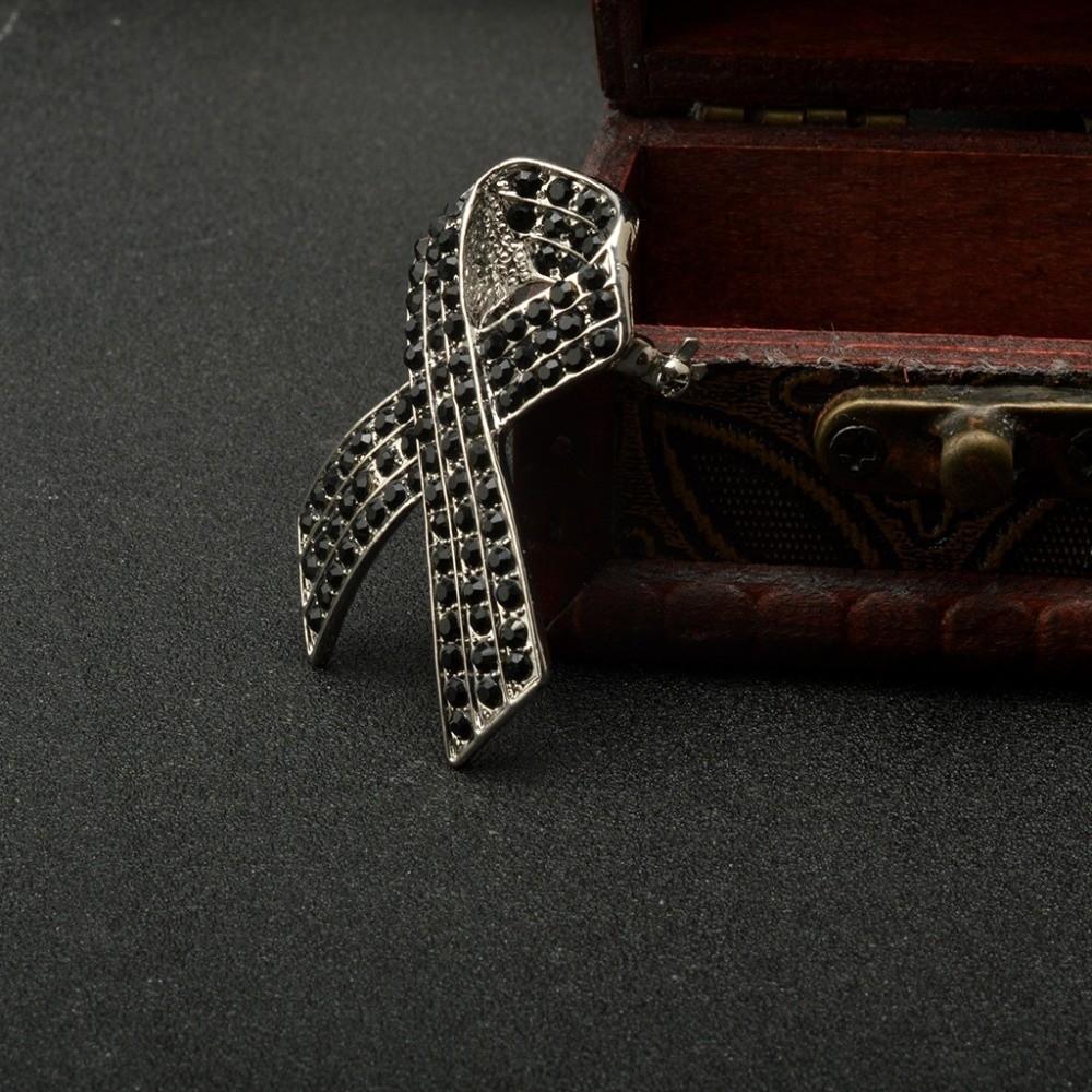 Awareness Funeral Ribbon Badge Brooch Rhinestone Crystal Black Bow Brooch Pin Women Men