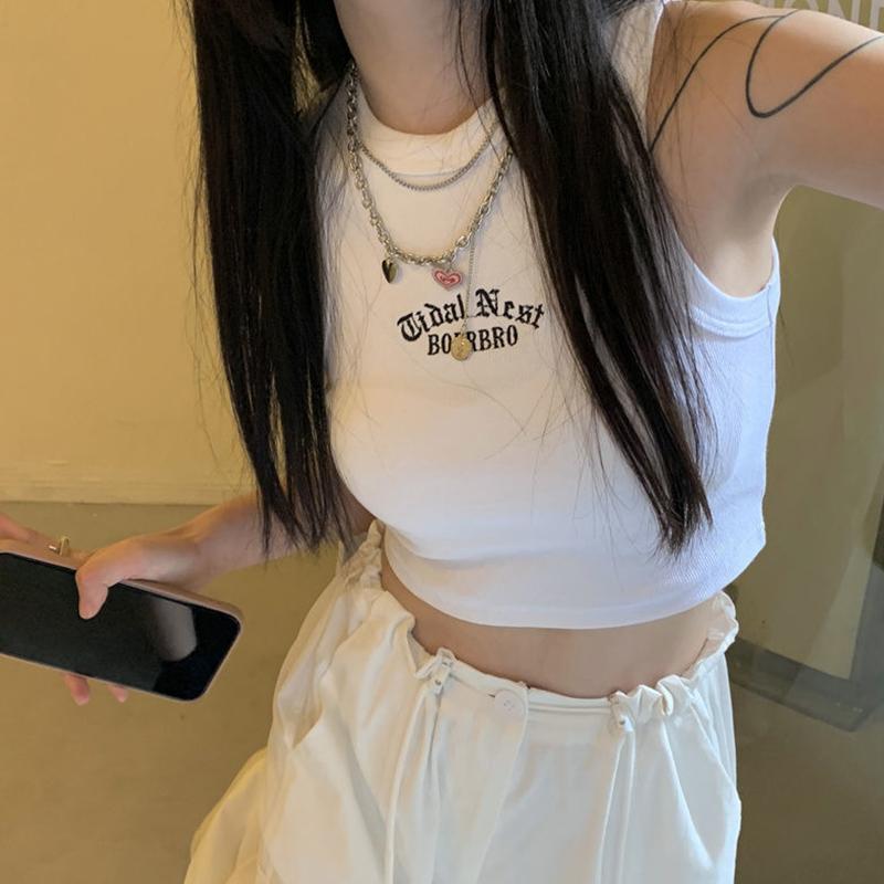 Women Streetwear Y2k Letter Stitch Embroidery Tank Top with Pad Sexy Sleeveless Sporty Crop Top