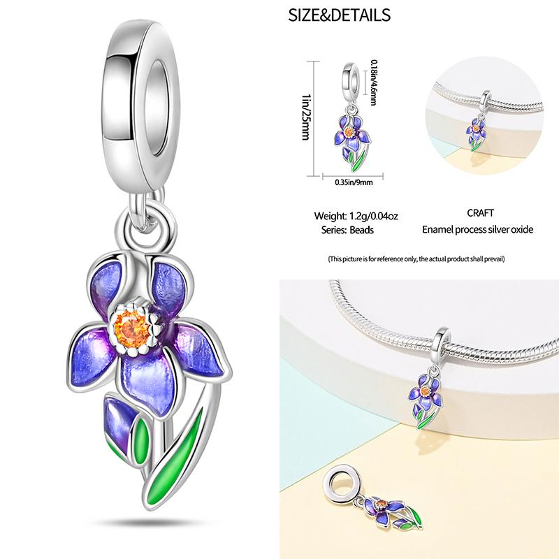 Copper Lavender Tulips Pansy Iris Charm Beads Colorful Flower Dangle Fit Original Bracelet Diy Jewelry Gift