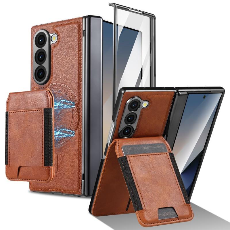 Magnetic Flip Case With Card Holder Kickstand Galaxy Z Fold 8 Ultra Fold7 Fold6 - PCPU Leather Tempered Glass