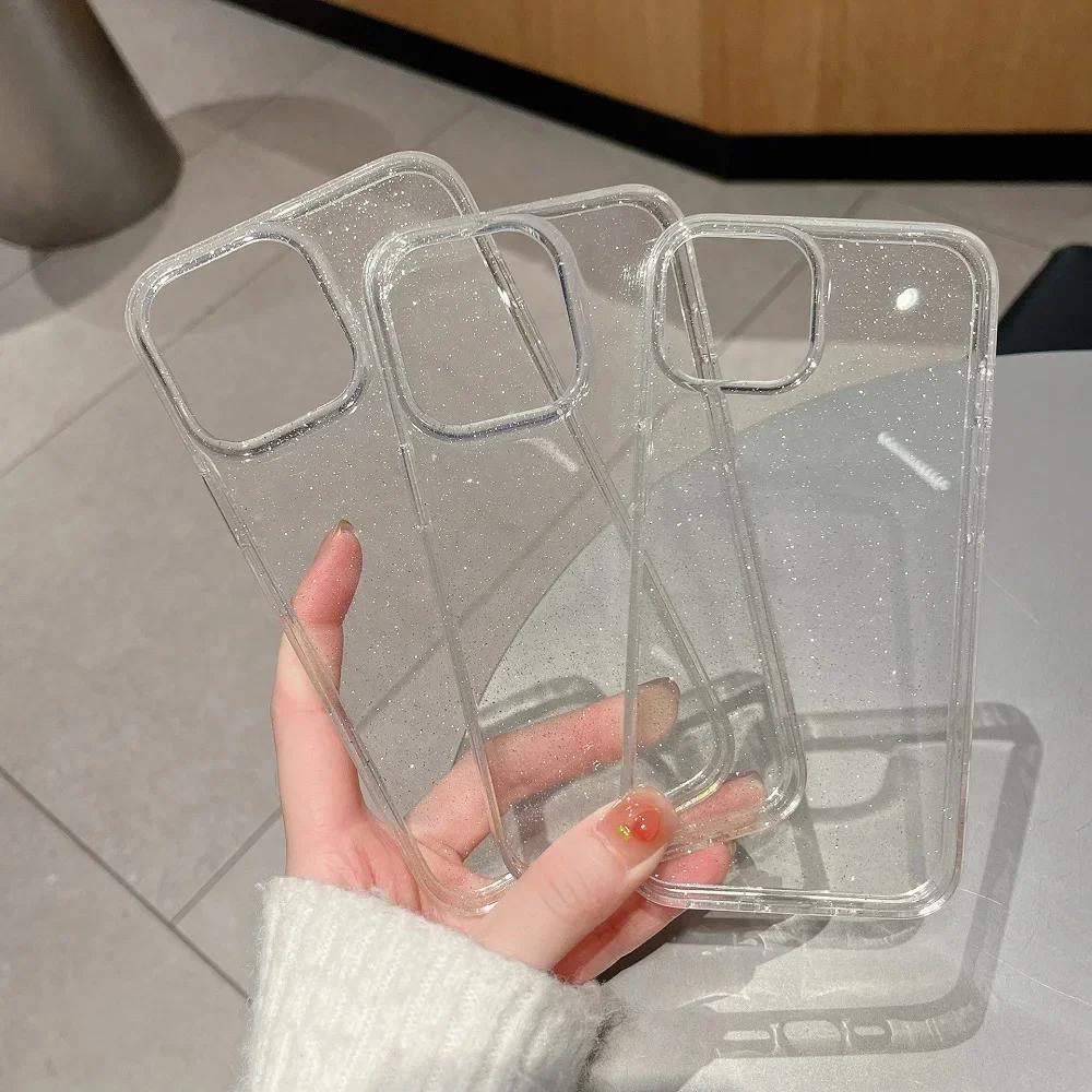 Роскошный блестящий бампер Bling прозрачный чехол для iPhone 16 15 14 13 12 11 Pro Max mini X XS Max XR Plus силиконовый акриловый чехол