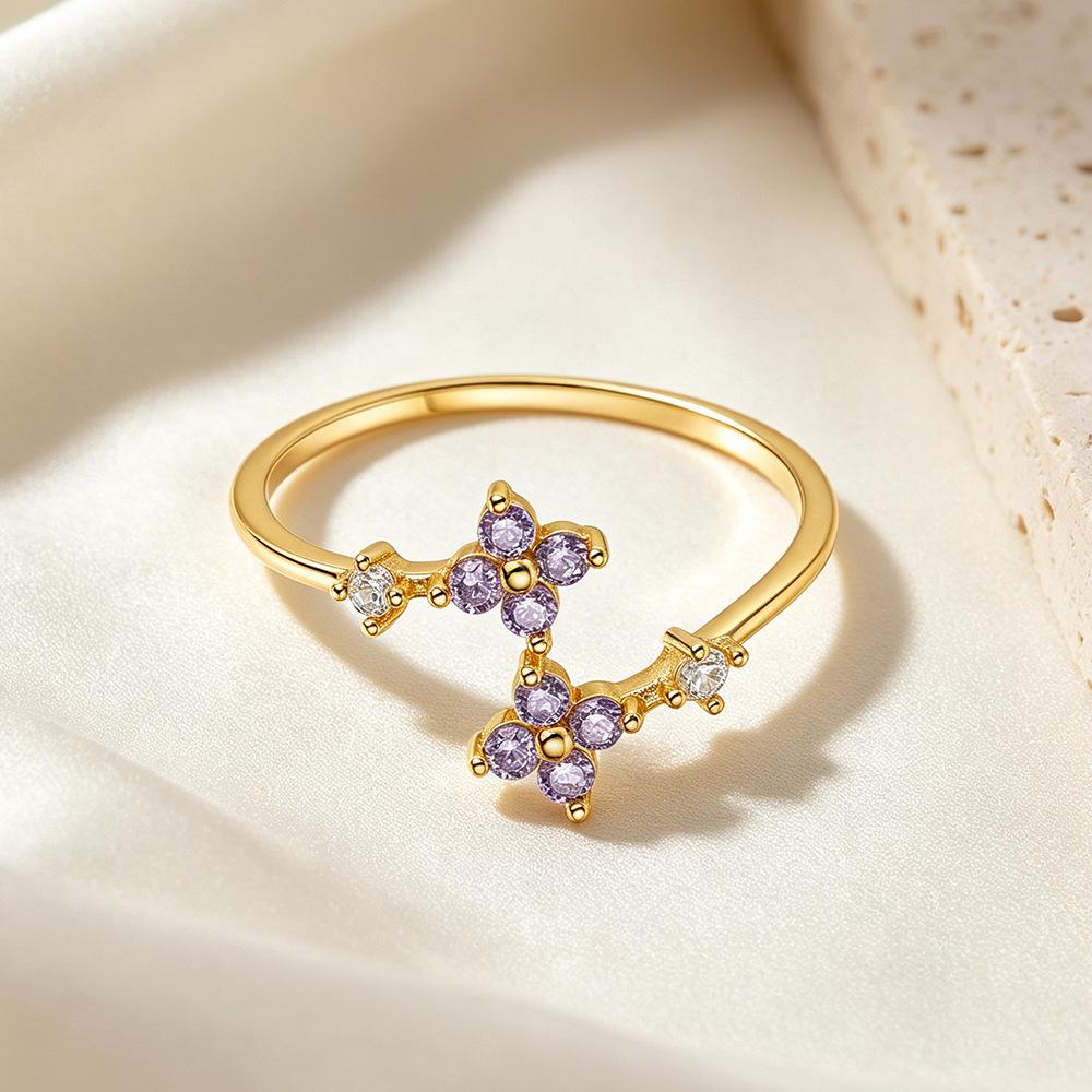 Серебряное кольцо S925 с фиолетовым цирконом в стиле фей, четырехлистный клевер, регулируемое, для женщин