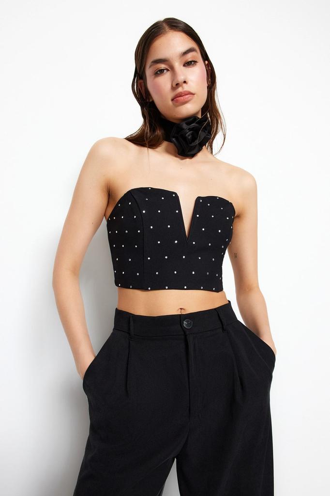 Women's Fashion Black Crop Shiny Stone Woven Bustier