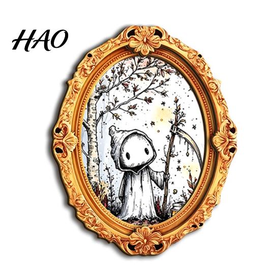 Holiday Fridge Magnet Halloween Wooden Frame Refrigerator Magnet, Retro Oval Room Decor Pumpkin Ghost Magnetic Decoration for Kitchen Party Favors