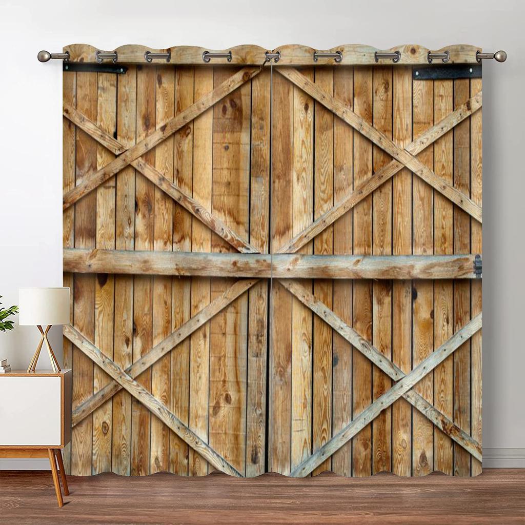 Rustic Wooden Blackout Curtains Vintage Barn Door Farmhouse Countryside Room Window Drapes For Bedroom Living Room High Shading