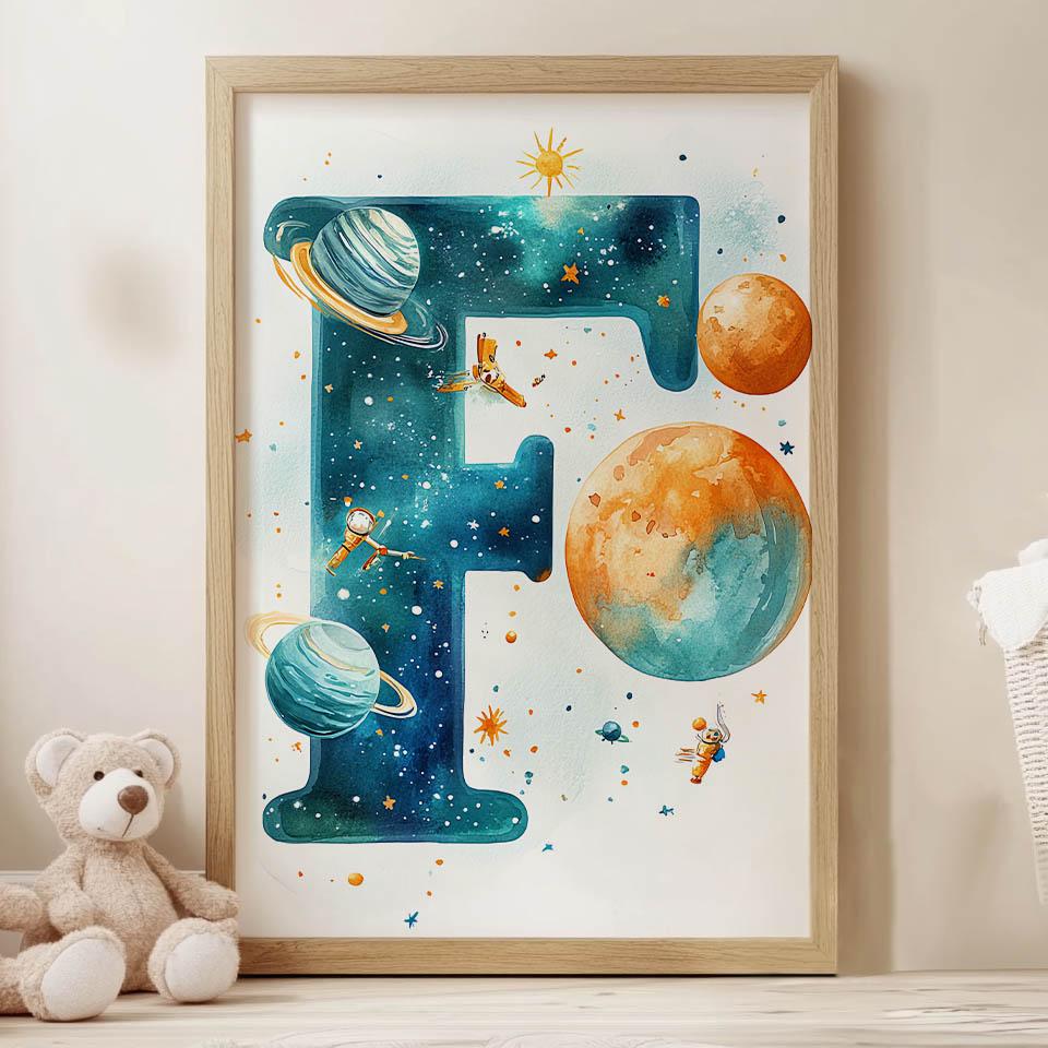 Poster "Letter F In Space" Poster "Letter F In Space, 30X40 Cm, Gold Aluminum Frame, 230 Gsm Matte Paper