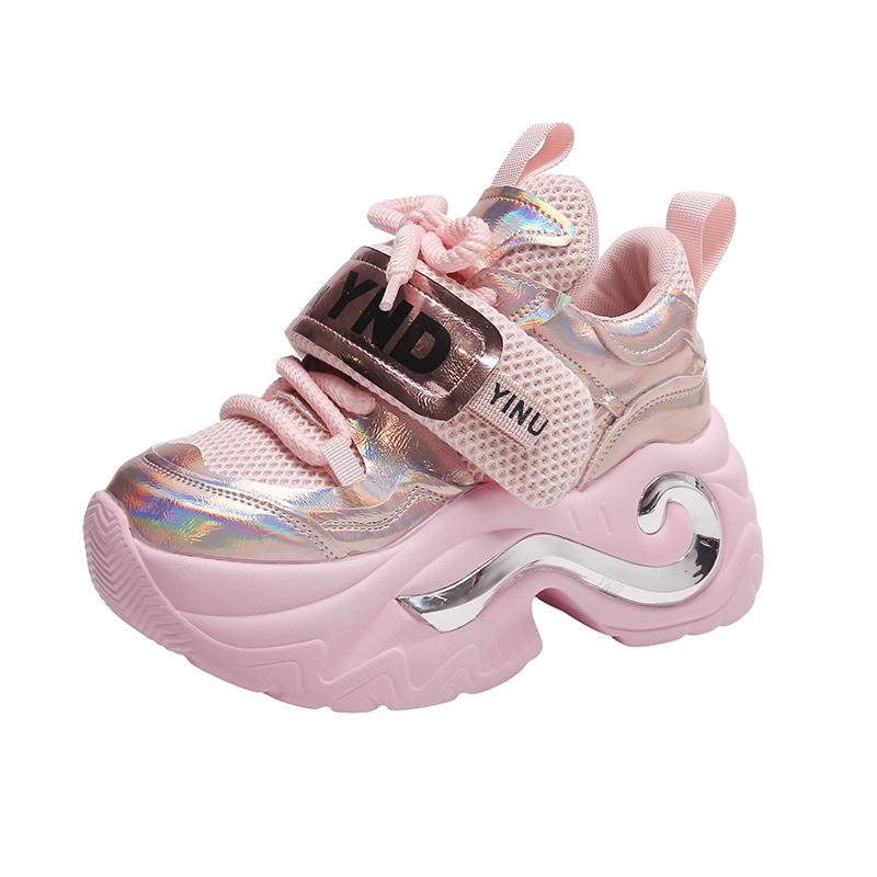 Модные летние блестящие кроссовки на массивной платформе с пайетками для женщин, дышащие, на шнуровке, увеличивающие рост, женские, модные, милые розовые кроссовки